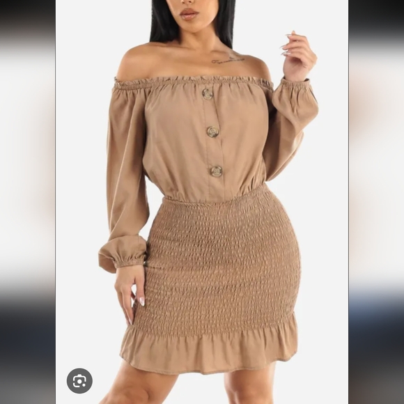 Dresses & Skirts - Tan Smocked Dress with Button Detail